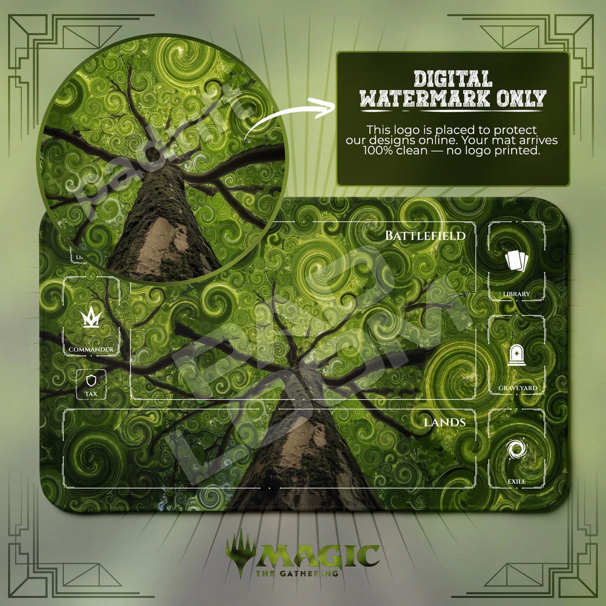 Spiral Tree Canopy MTG playmat with zones; the Padloom watermark is digital only, not printed