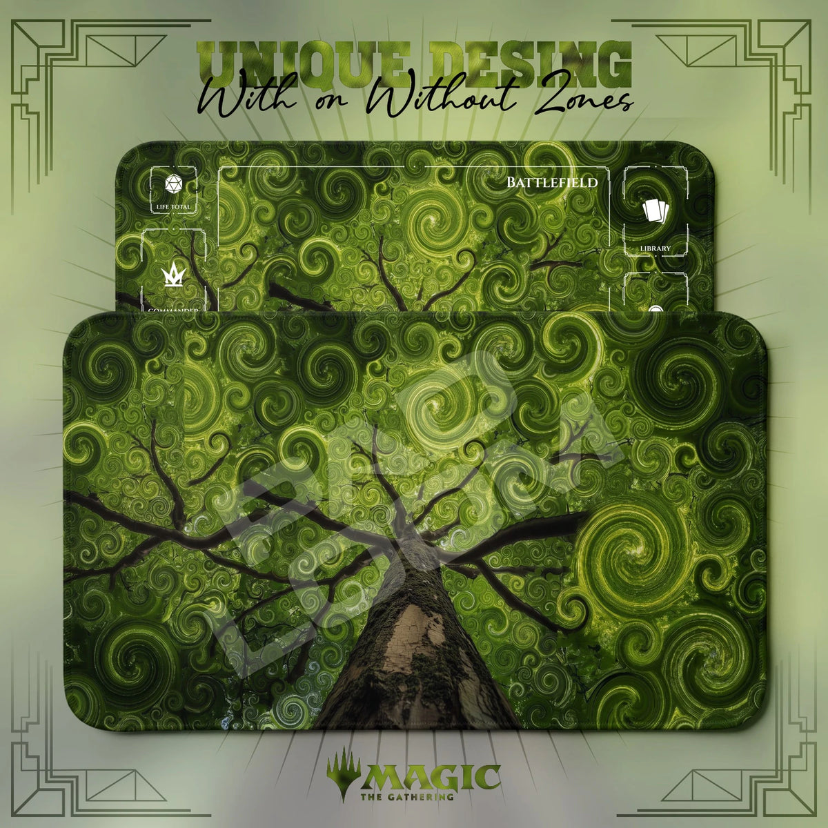 Spiral Tree Canopy MTG playmat shown with zones and without zones