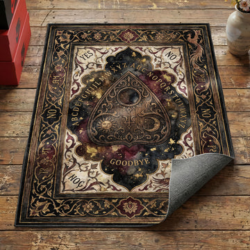 Occult spirit board area rug with wooden planchette alphabet Yes No Goodbye and phoenix birds