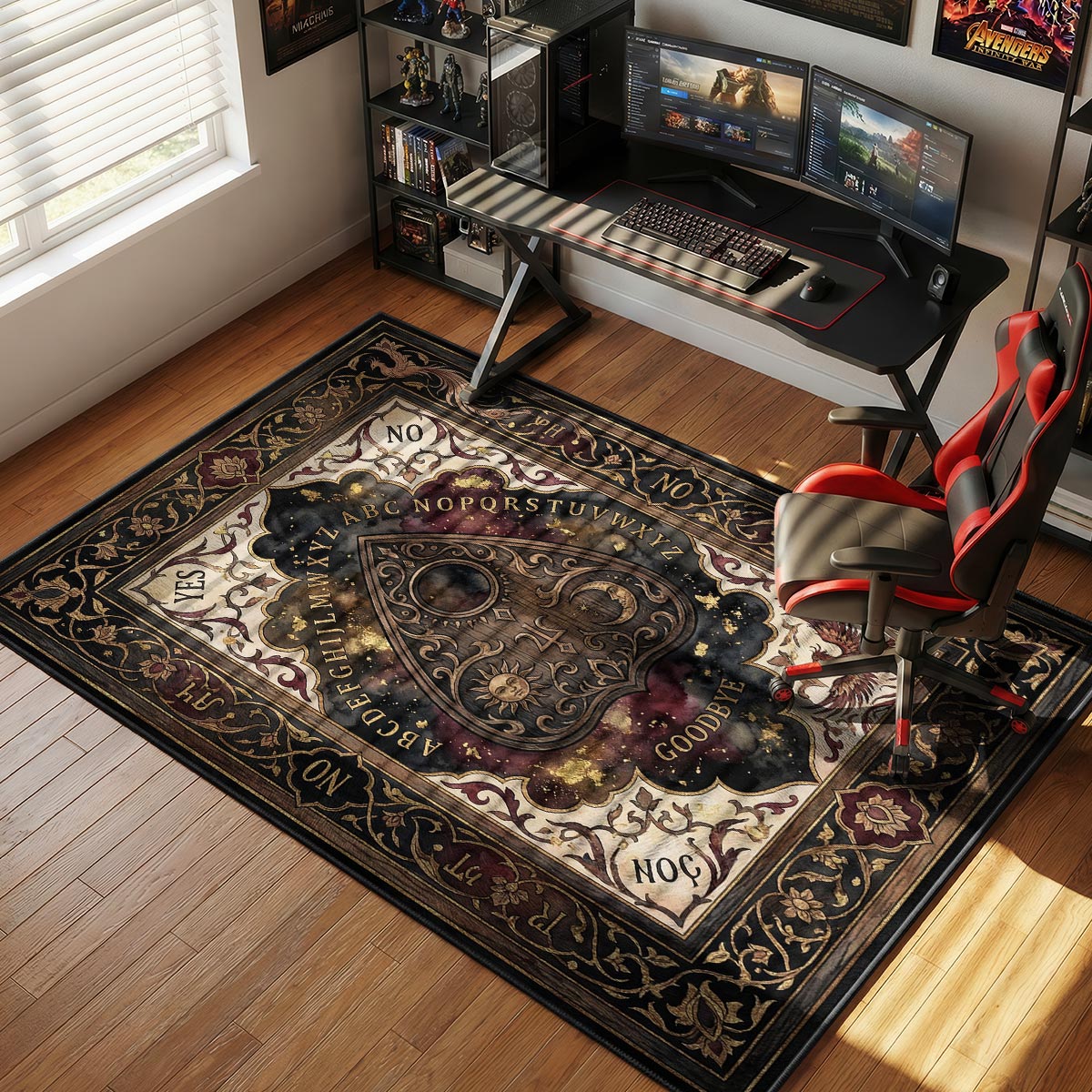 Spirit board rug placed in a dark candlelit room with occult decor and vintage furniture