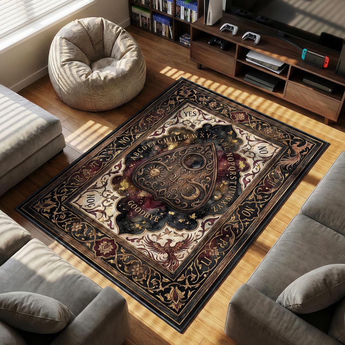 Close-up of spirit board rug showing carved planchette detail and gold alphabet on velvet