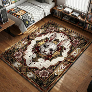 Splicer white rabbit mask bloody portrait Art Deco style gaming area rug and floor mat