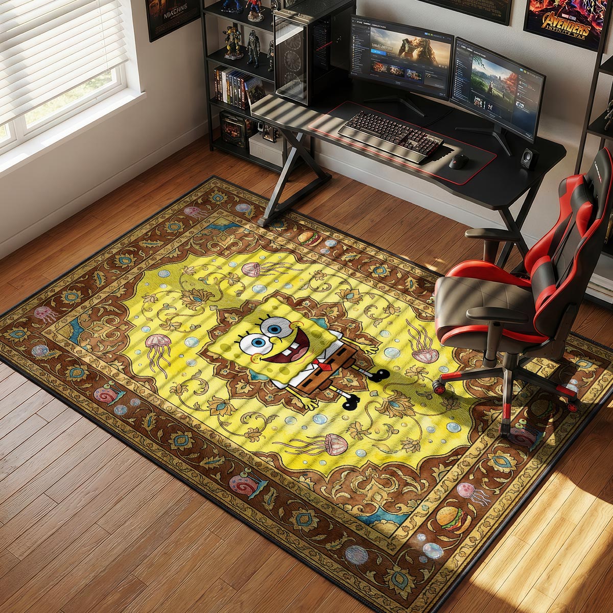 SpongeBob cartoon rug in a warm playroom with wooden toys and yellow wall decor