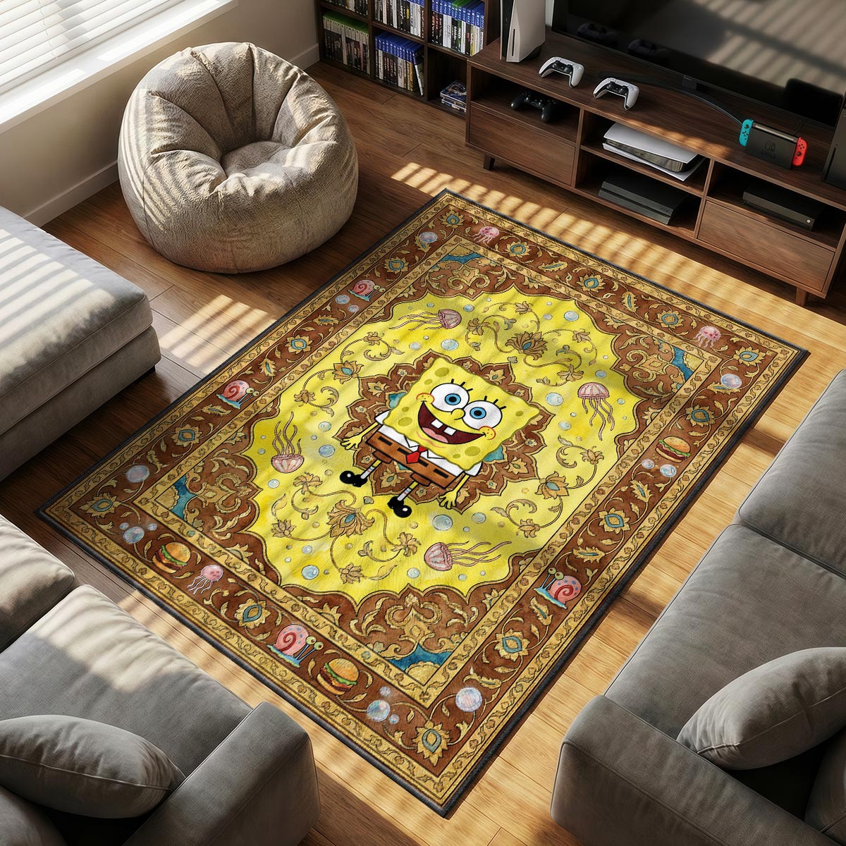 Close-up of SpongeBob rug showing jellyfish and Krabby Patty border on velvet texture