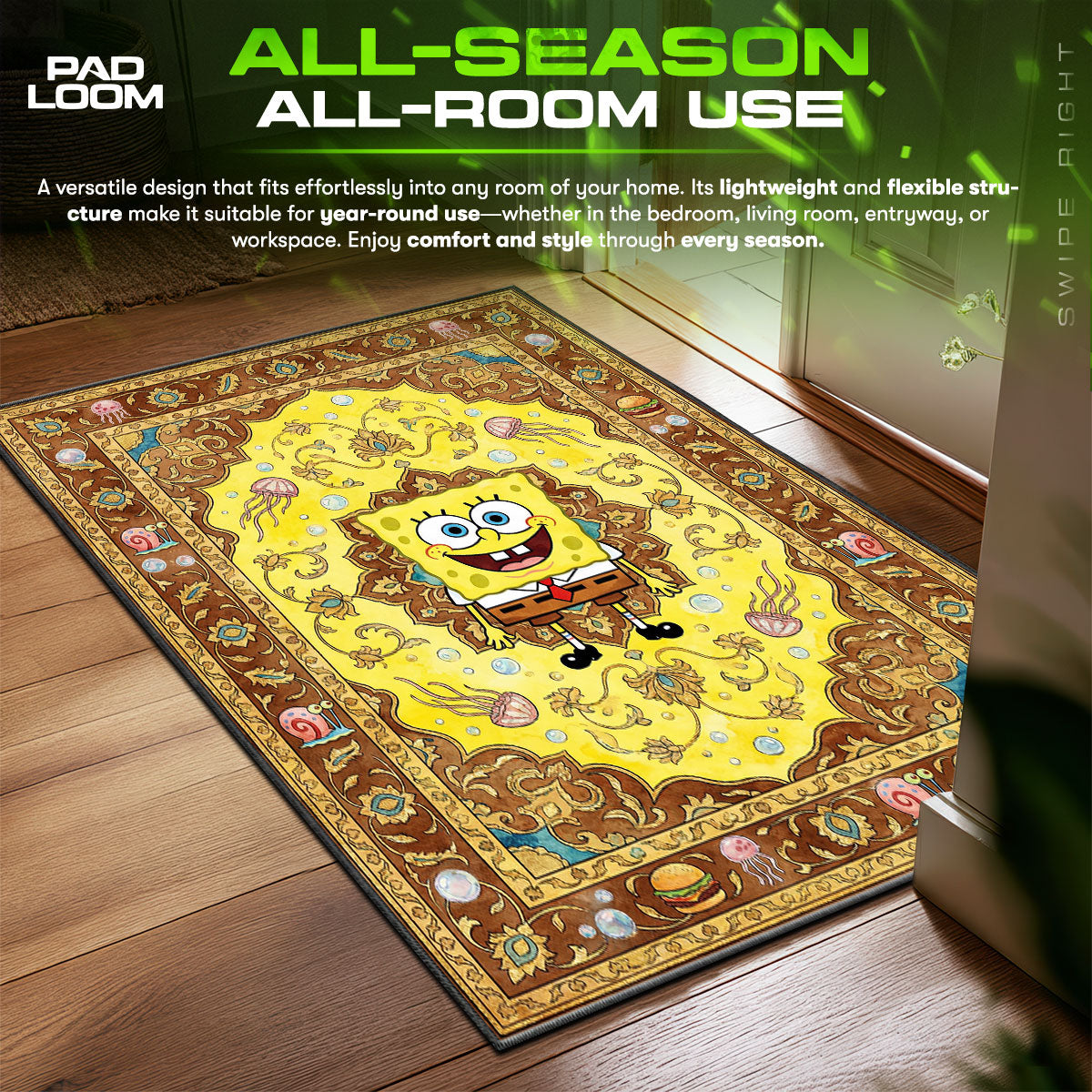 Detailed close-up of SpongeBob rug pattern