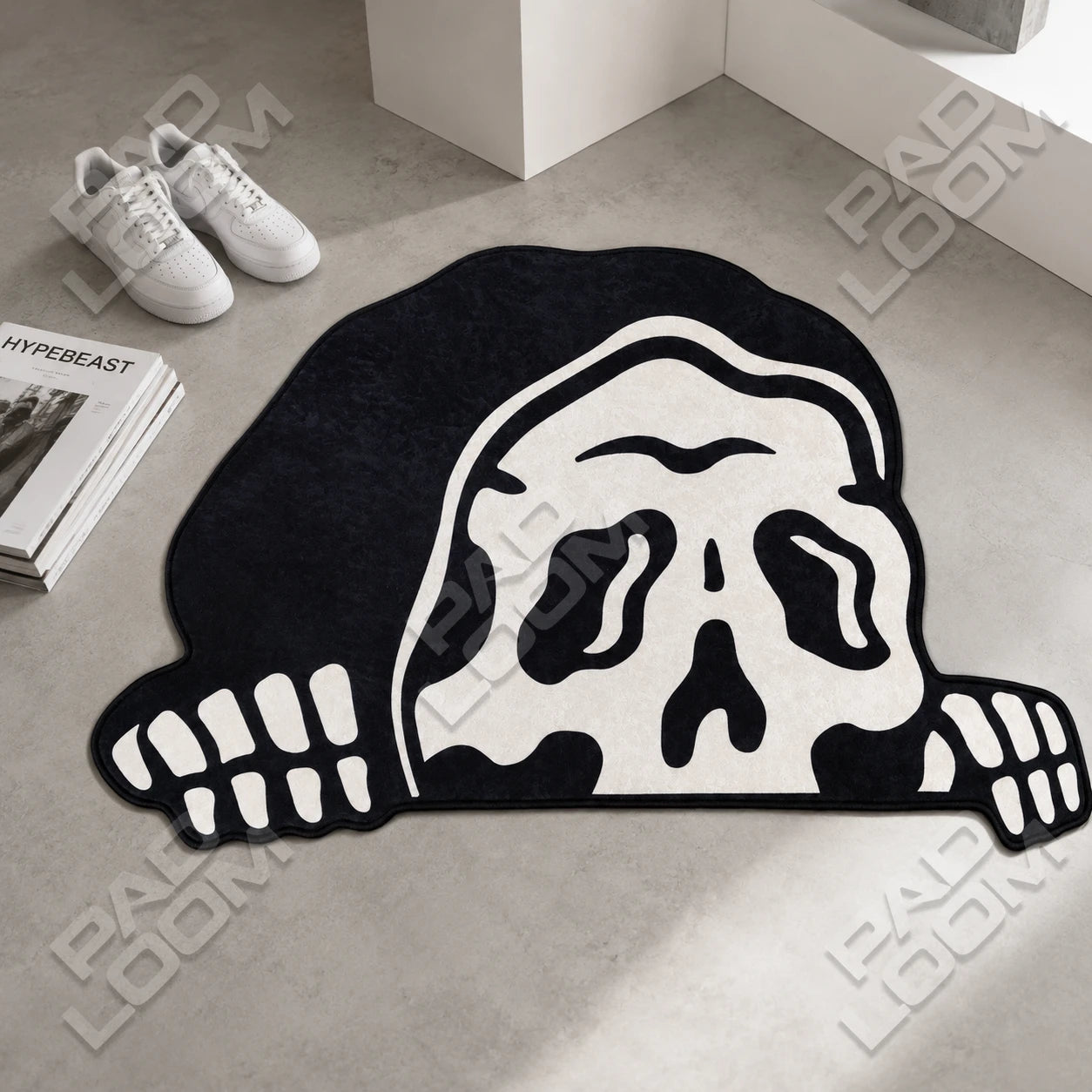 SpongeBob Hypebeast shaped rug shown in a room setting