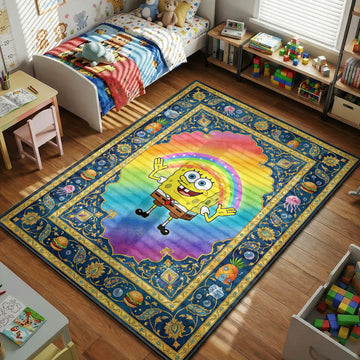 SpongeBob Imagination rainbow pose area rug on navy ornamental tapestry with pineapple motifs