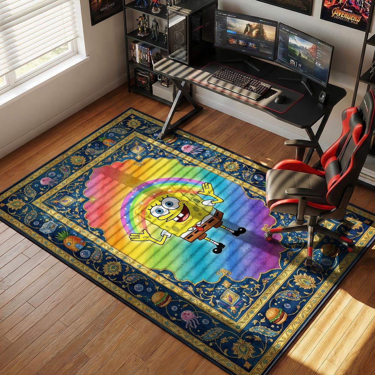 SpongeBob rainbow rug placed in a colorful gaming room with LED lighting and dark walls