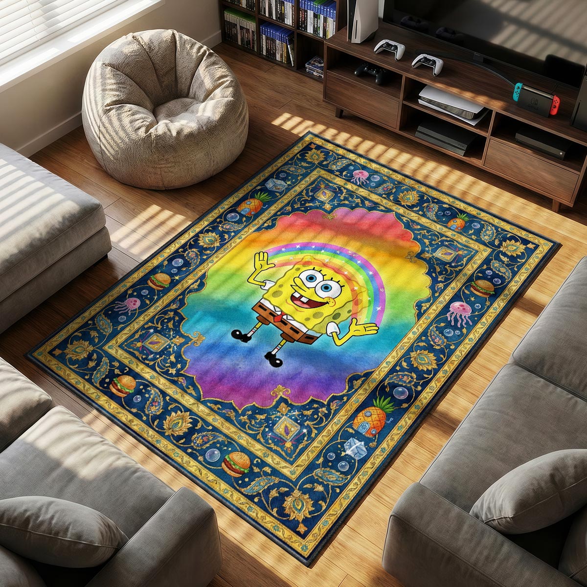 Close-up of SpongeBob Imagination rug showing rainbow gradient and gold scrollwork detail