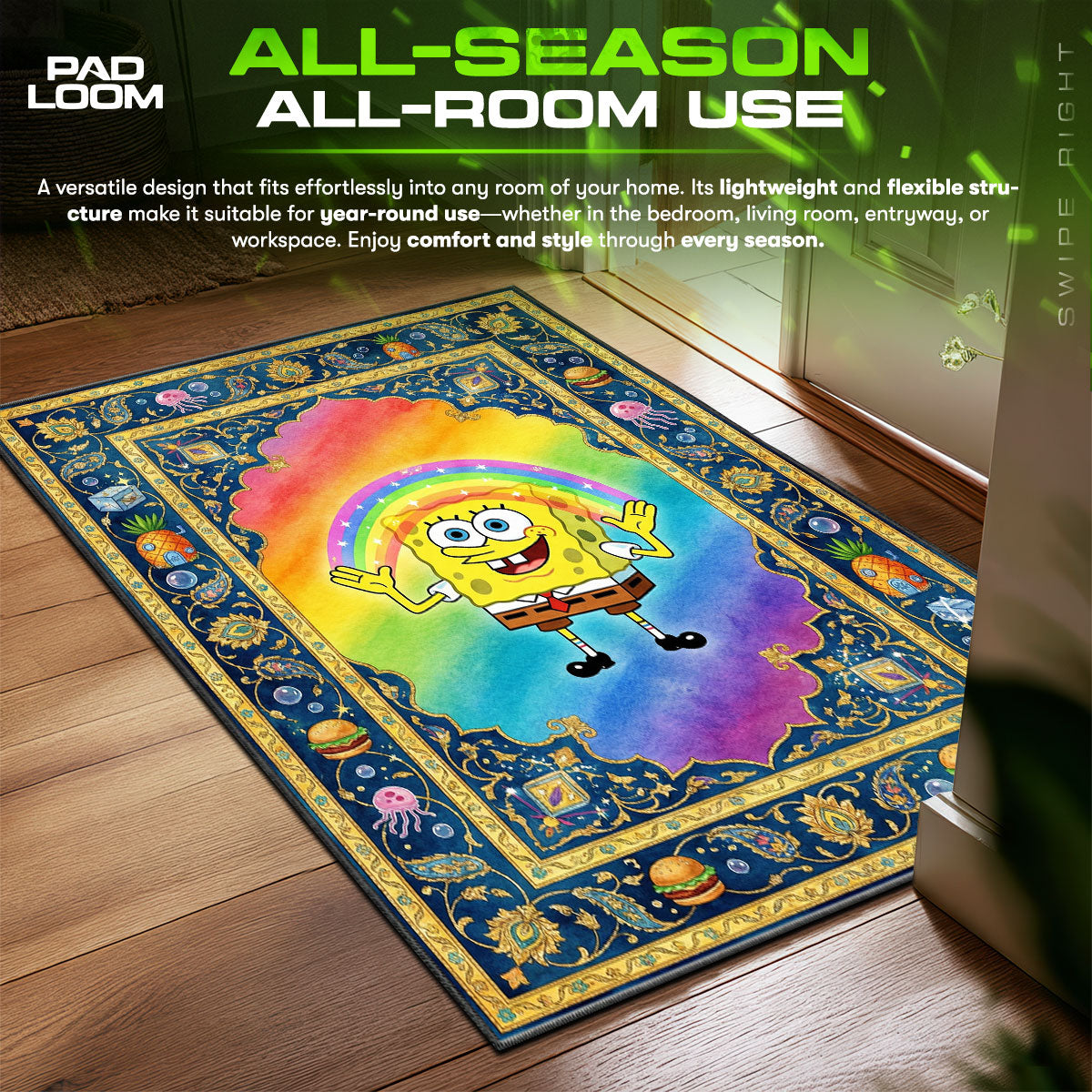 Detailed close-up of SpongeBob rug pattern