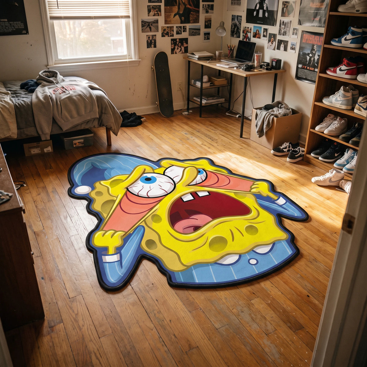 SpongeBob shaped rug seen from above on hardwood flooring