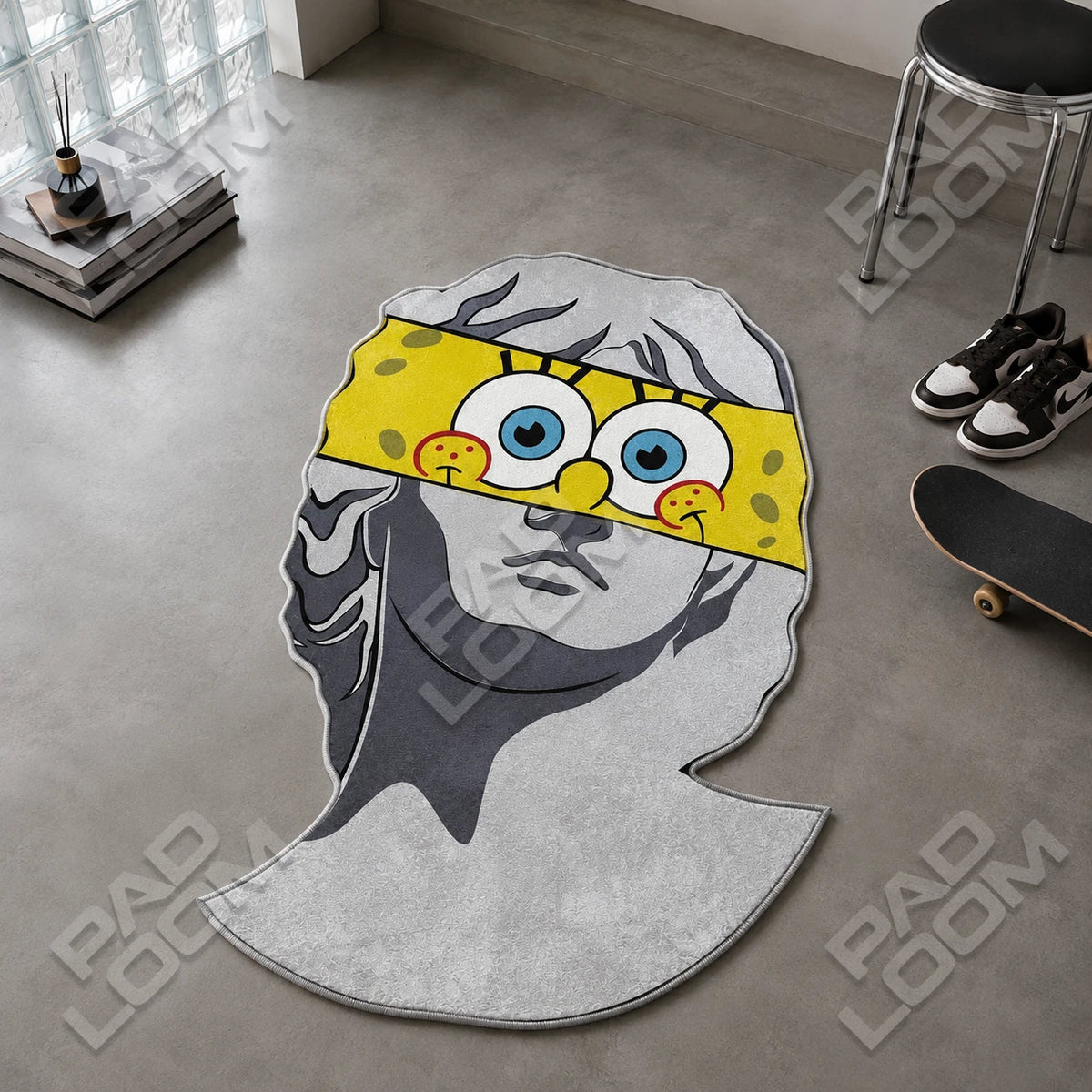 SpongeBob Statue shaped rug shown in a room setting