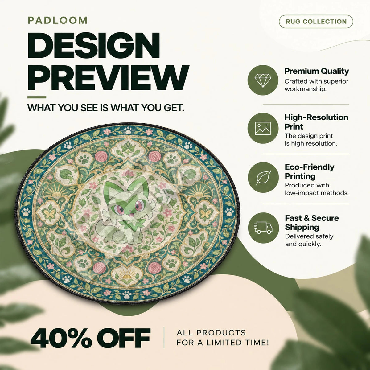 Sprigatito Sitting Pokemon round rug full design preview