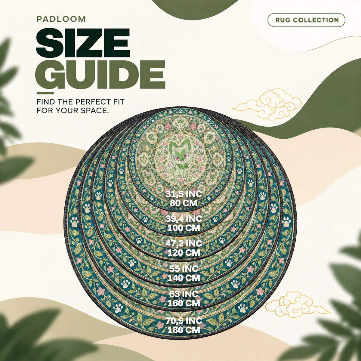 Sprigatito Sitting round rug size guide, 80 to 180 cm (31.5 to 70.9 in)