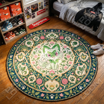 Sprigatito Sitting Pokemon round rug on a bedroom floor - Pokemon chair mat