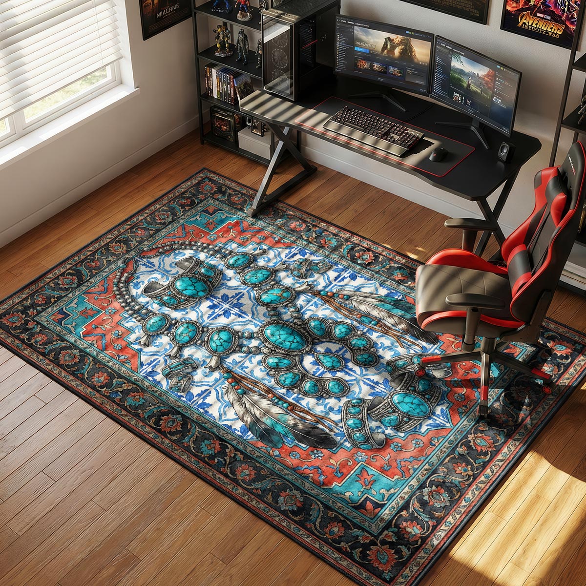 Squash blossom turquoise rug placed in a boho bedroom with natural wood and white linens