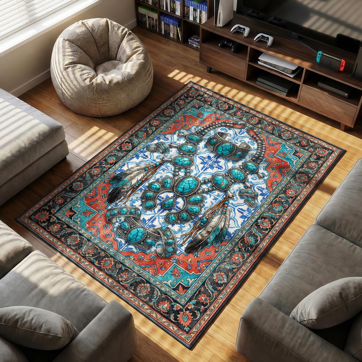 Detail of squash blossom rug showing turquoise stone veining and silver setting on plush fiber