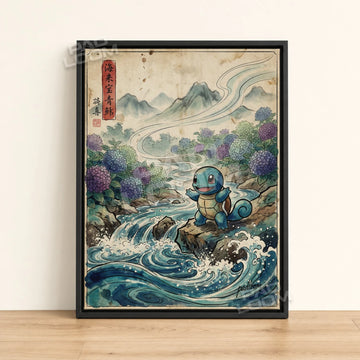 Squirtle Hydrangea Pokemon poster - framed canvas wall art in a black frame