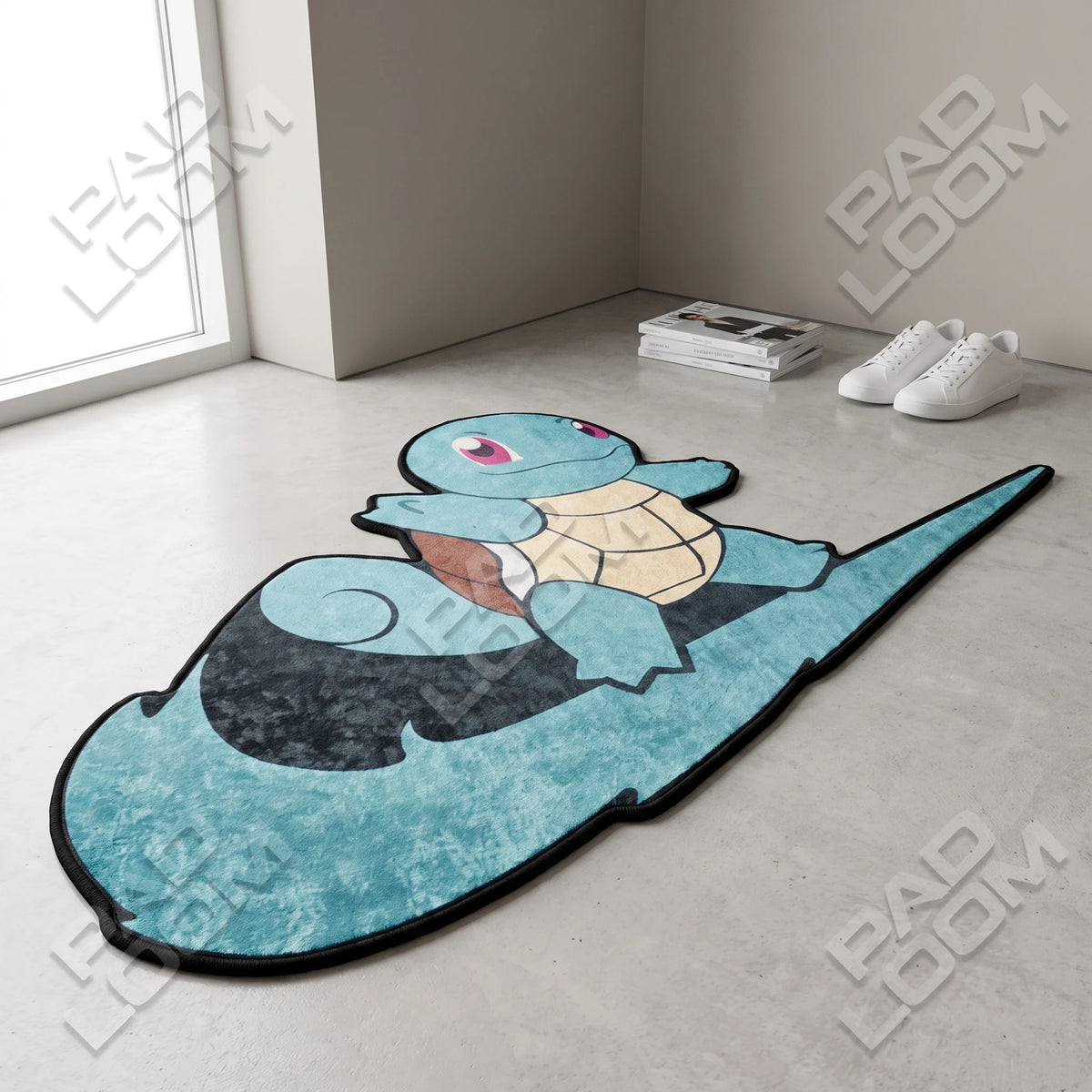 Squirtle shaped rug shown in a room setting
