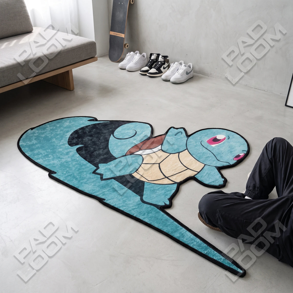 Squirtle shaped rug close-up, soft washable pile