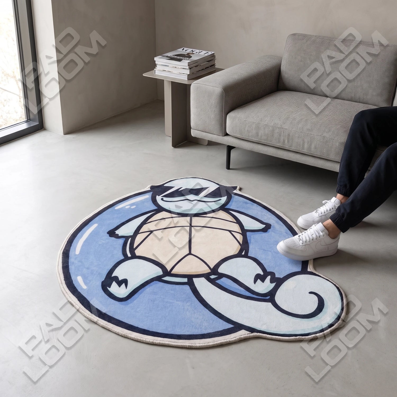 Squirtle shaped rug shown in a room setting