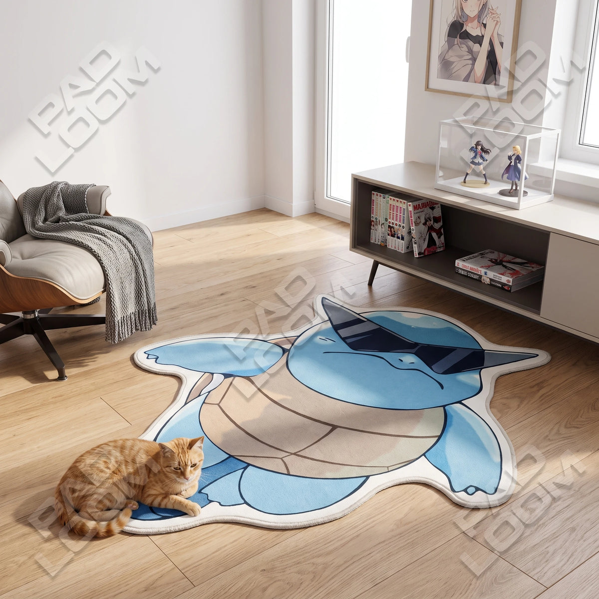 Squirtle shaped rug shown in a room setting