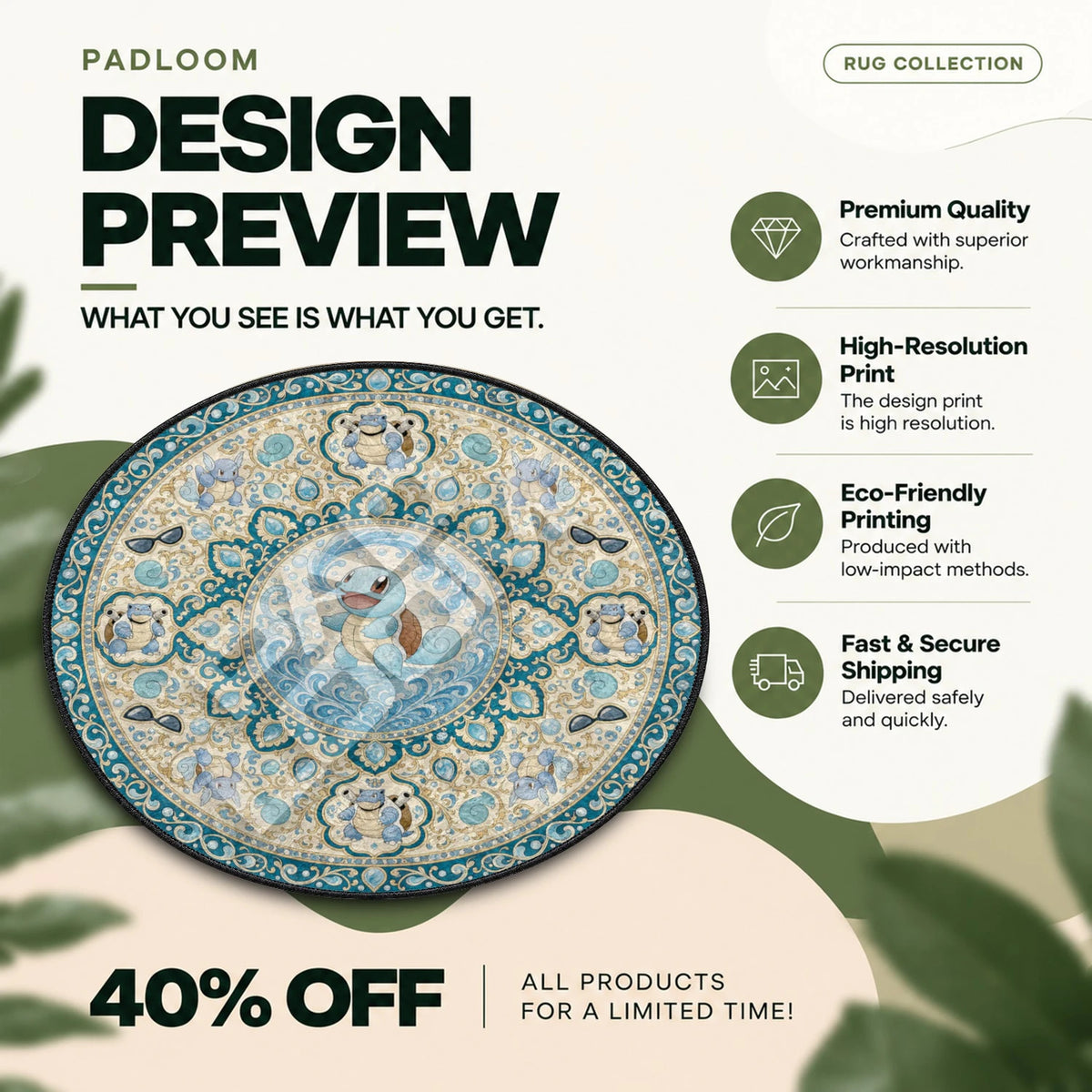 Squirtle Splashing Pokemon round rug full design preview