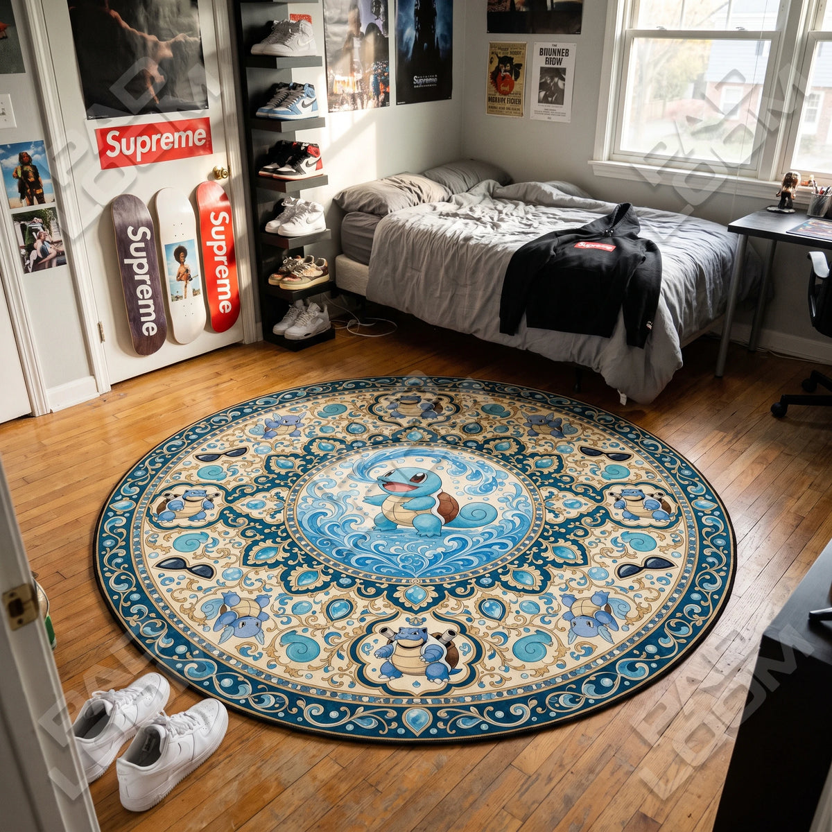 Squirtle Splashing round rug shown in a styled room - Pokemon area rug