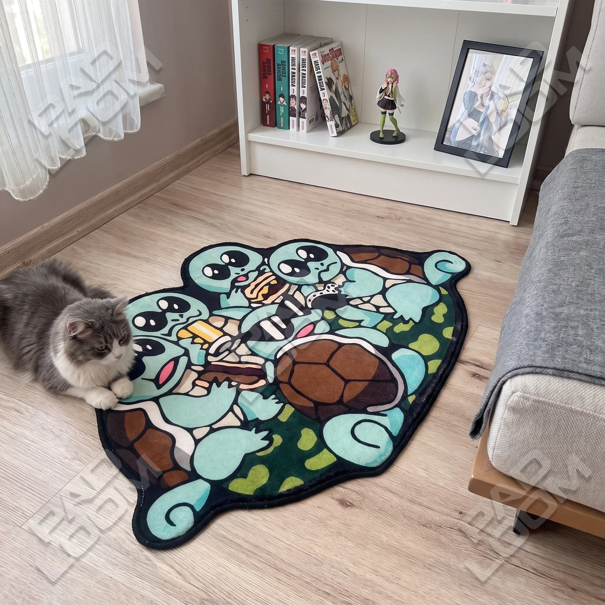 Squirtle Squad shaped rug shown in a room setting