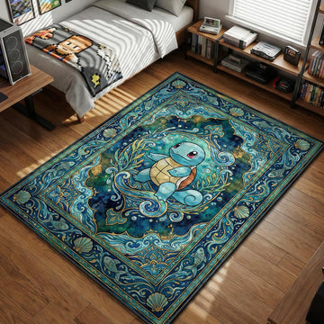 Squirtle standing in swirling ocean waves with ornate seashell border watercolor style area rug and floor mat