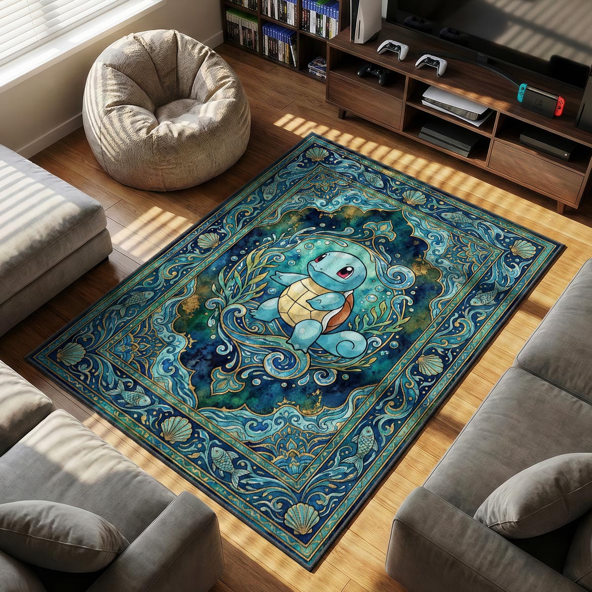 Squirtle Ocean themed area rug for Pokemon fans