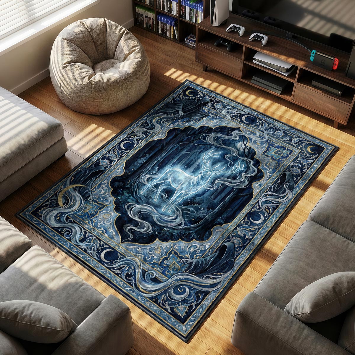 Stag Patronus themed area rug for home decor fans