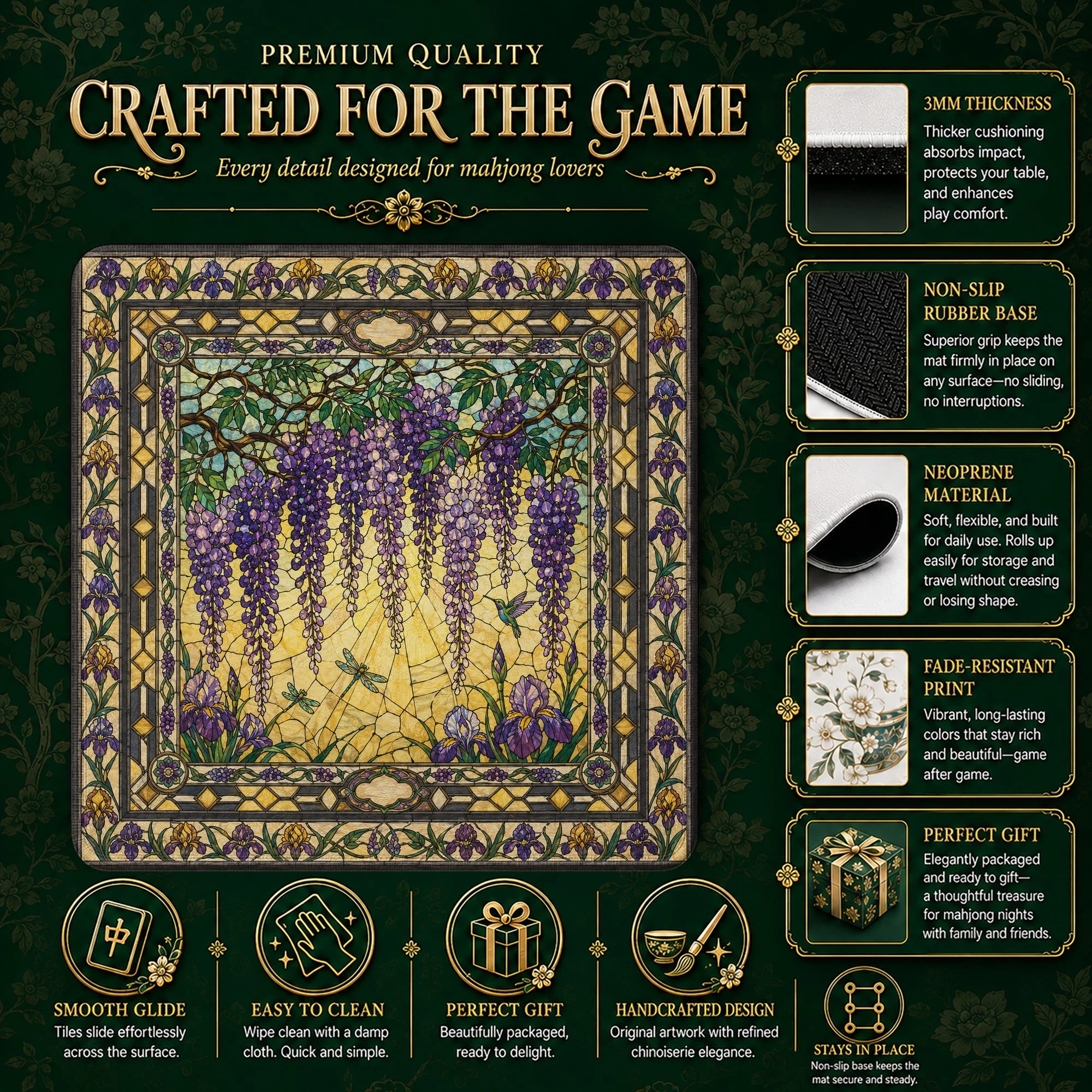 Stained Glass Wisteria Mahjong Mat - Mah Jongg Mat