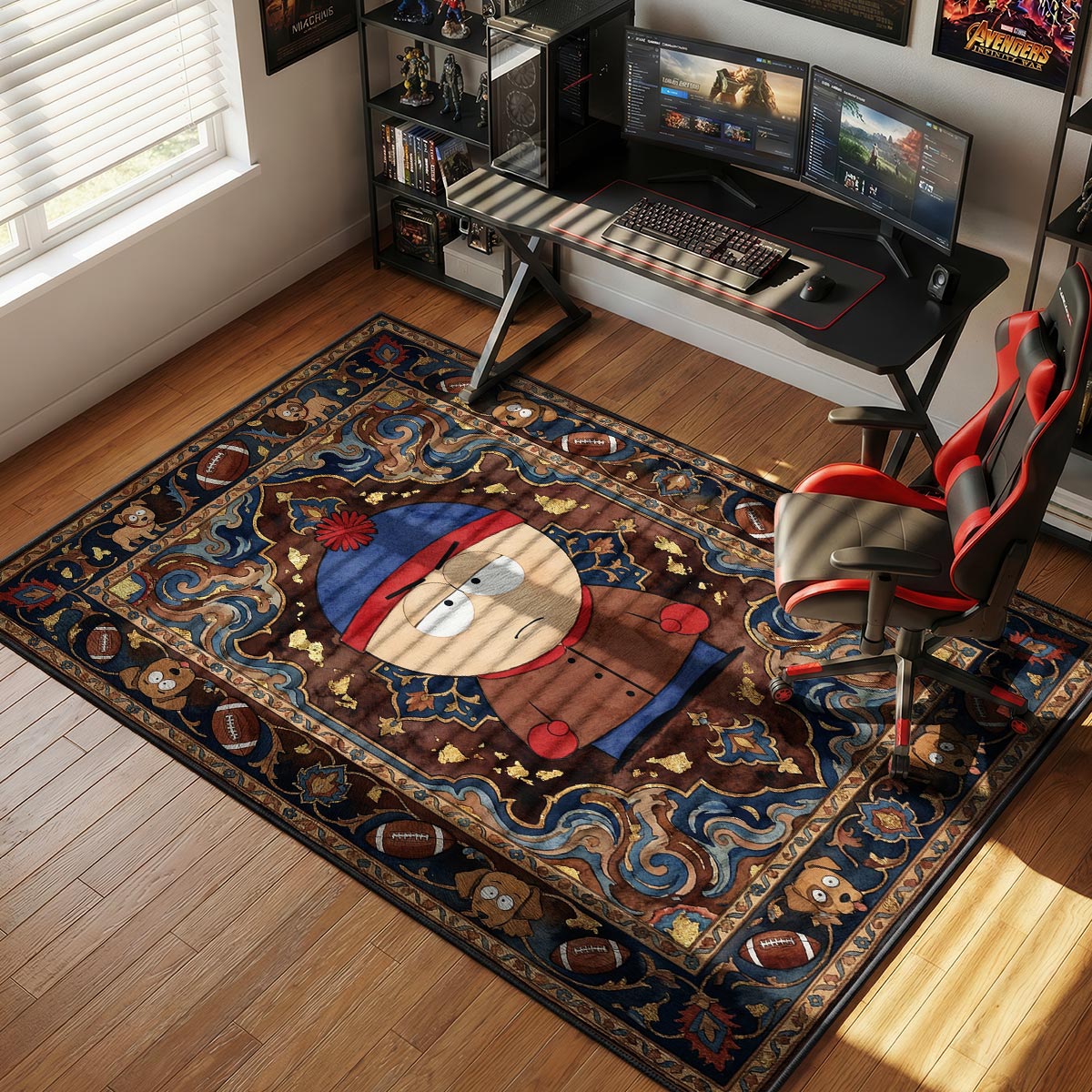 Stan Marsh rug placed in a warm living room with brown leather armchair and wood floors