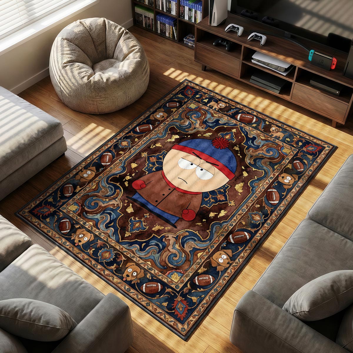 Close-up of Stan Marsh area rug showing gold leaf detail and chocolate brown velvet texture
