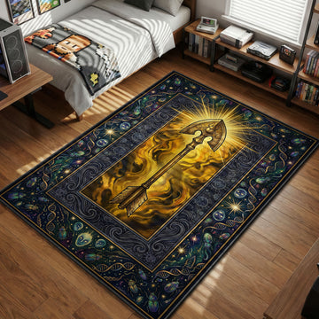 Golden Stand Arrow from JoJo's Bizarre Adventure glowing with yellow energy, framed by a border of beetles, DNA strands, and mysterious faces.