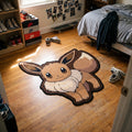 Standing Eevee shaped area rug laid out in a sunlit bedroom