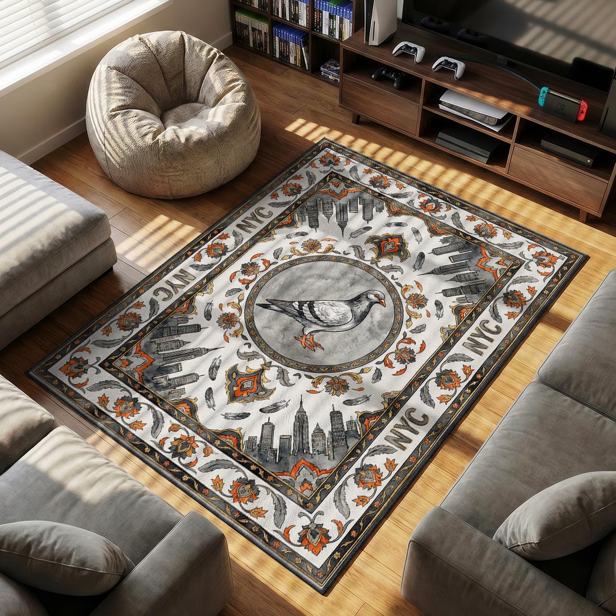 Staple Pigeon themed area rug for home decor fans
