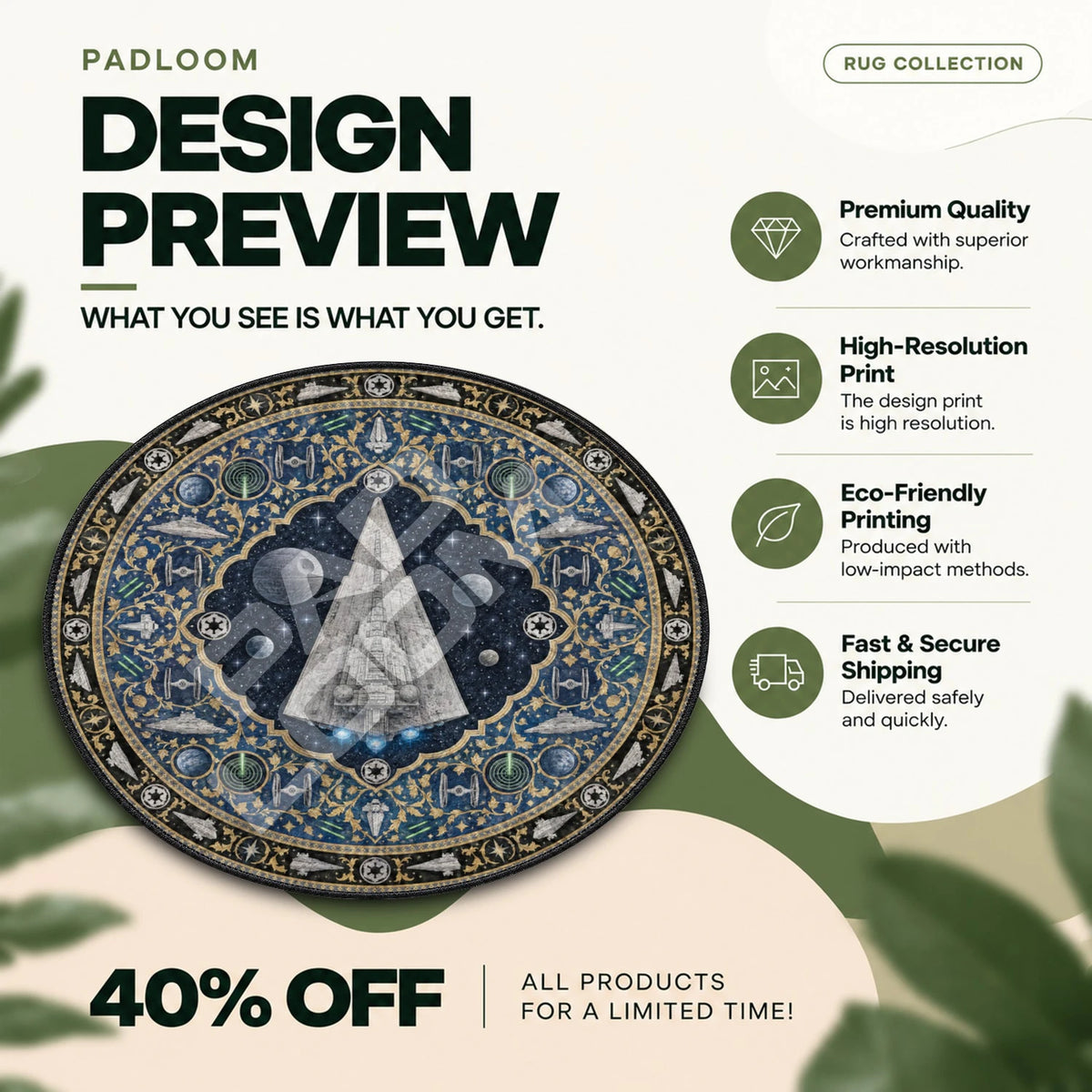 Star Destroyer Gilded Star Wars round rug full design preview