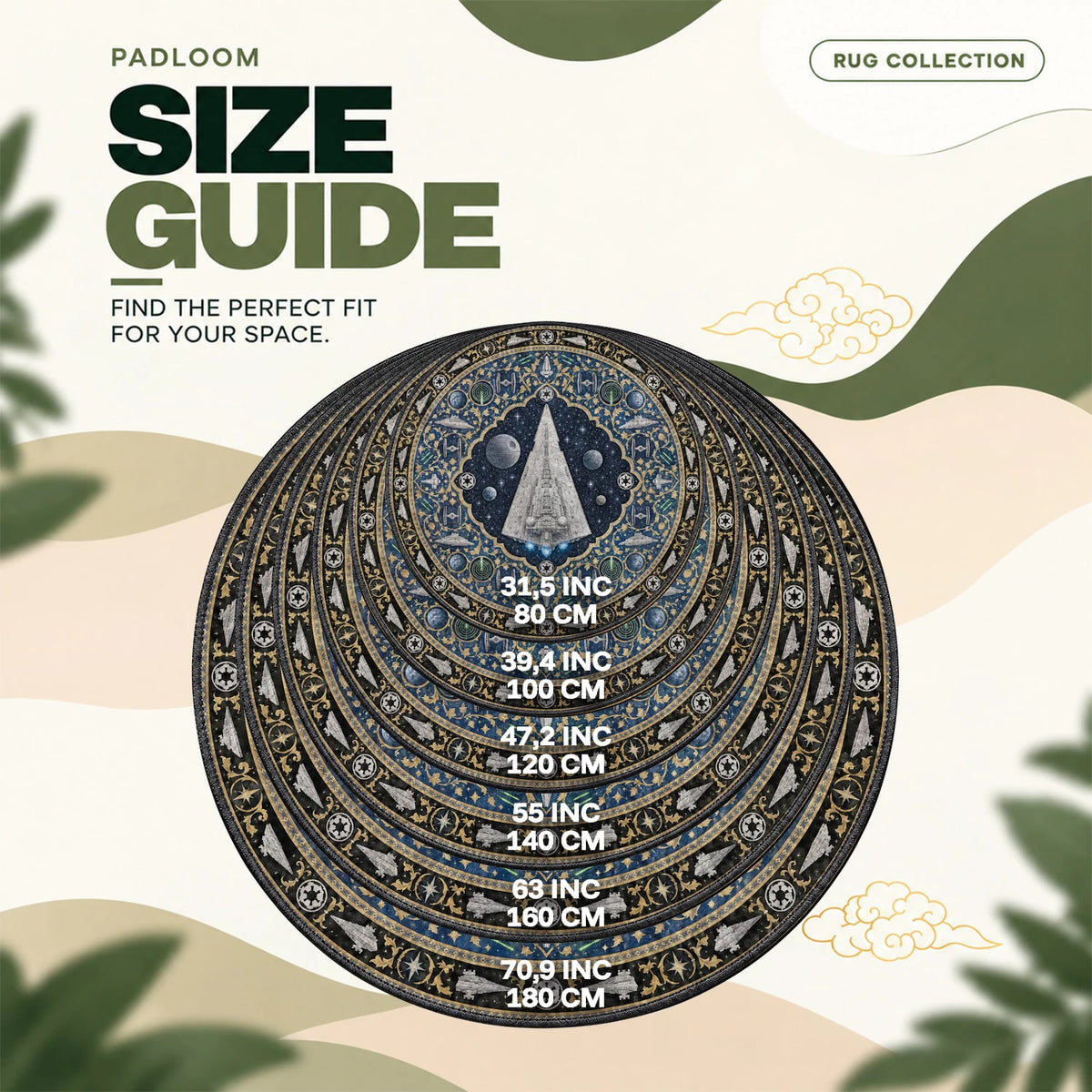 Star Destroyer Gilded round rug size guide, 80 to 180 cm (31.5 to 70.9 in)