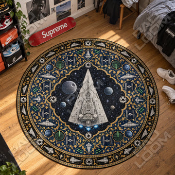 Star Destroyer Gilded Star Wars round rug on a bedroom floor - Star Wars chair mat