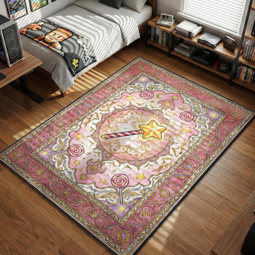 The legendary Star Rod wand surrounded by pastel lollipops and stars in a pink ornamental gaming area rug and floor mat