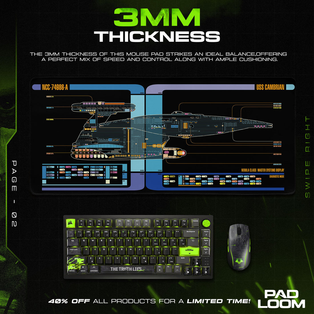 Star Trek Cambrian Mouse Pad, Nebula Class LCARS Gaming Desk Mat
