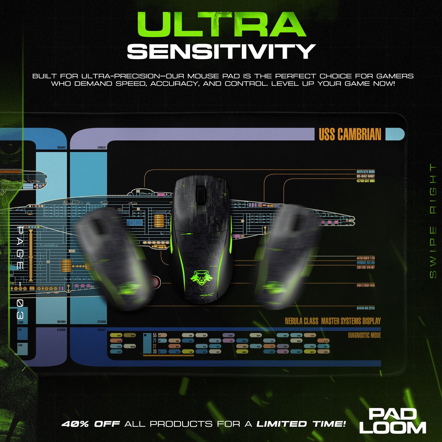 Star Trek Cambrian Mouse Pad, Nebula Class LCARS Gaming Desk Mat Padloom