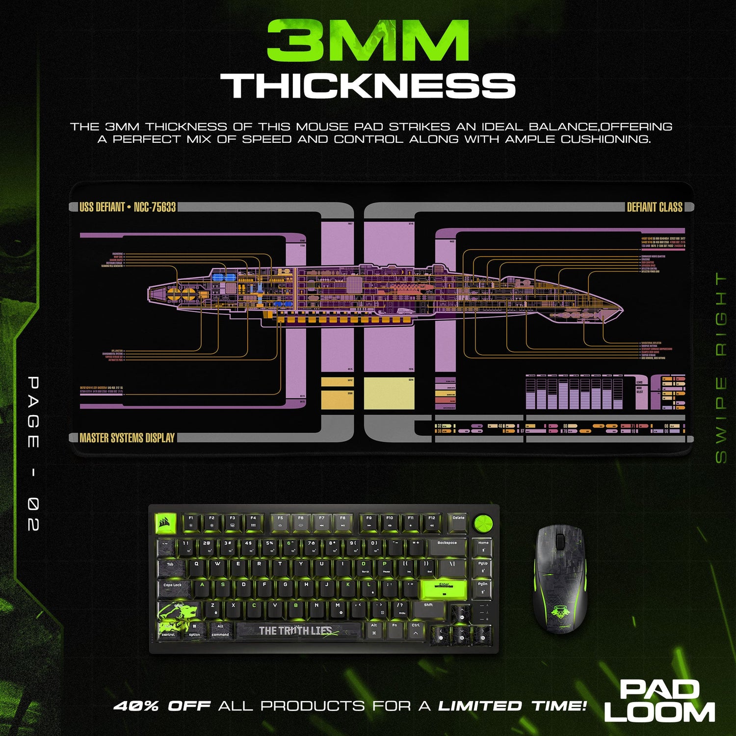 Star Trek Defiant Mouse Pad, LCARS Starship Gaming Desk Mat Padloom