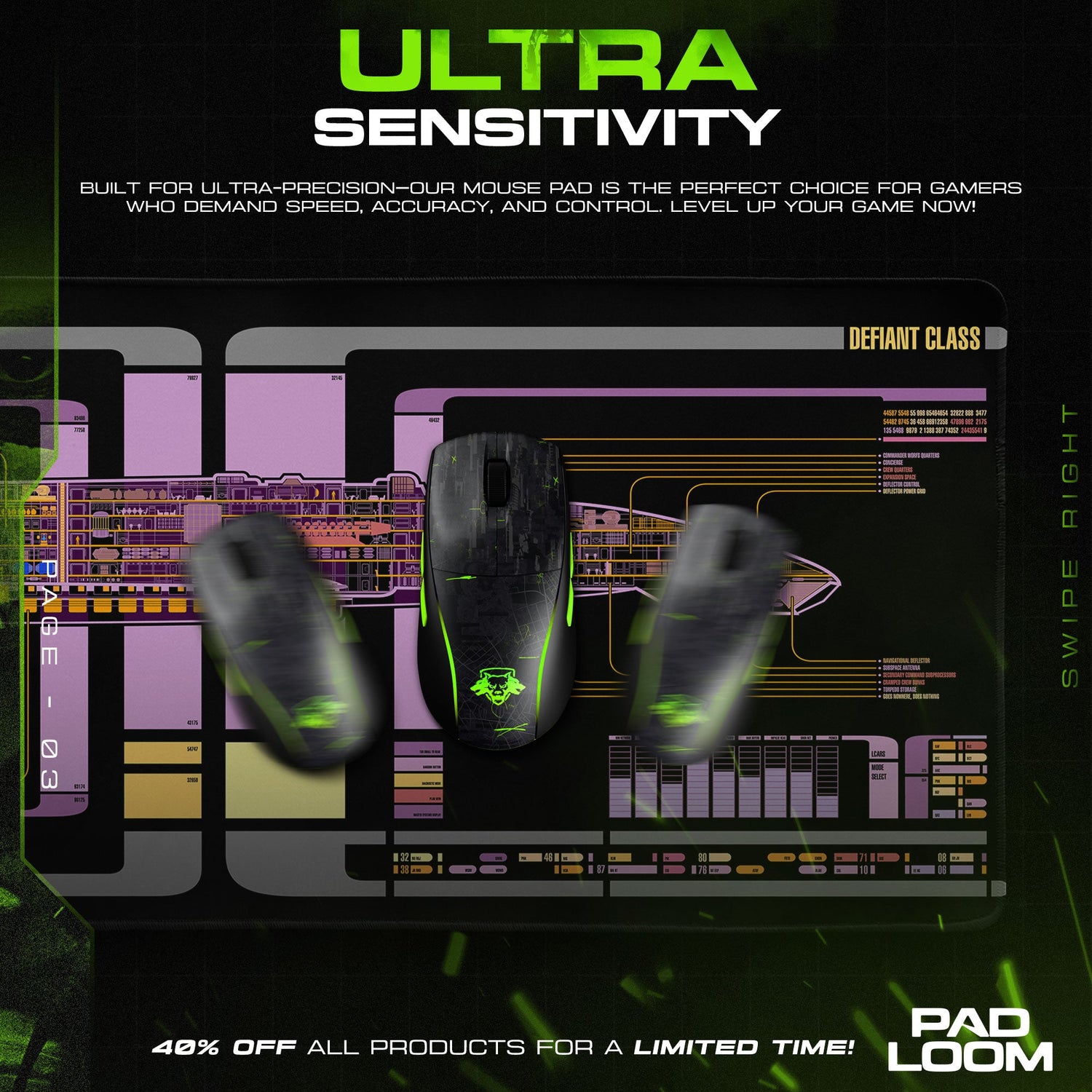 Star Trek Defiant Mouse Pad, LCARS Starship Gaming Desk Mat Padloom