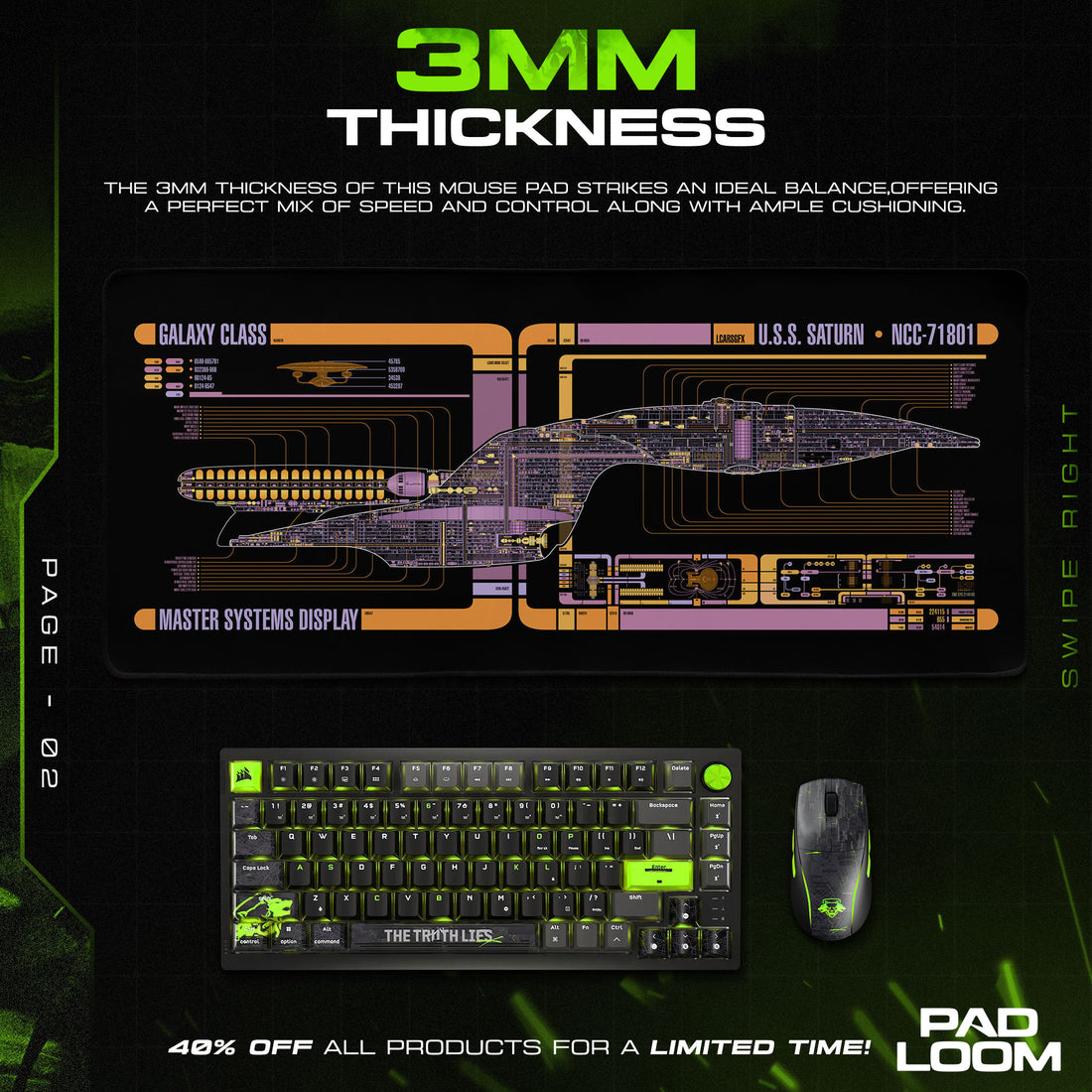 Star Trek Saturn Mouse Pad, Galaxy Class LCARS Gaming Desk Mat