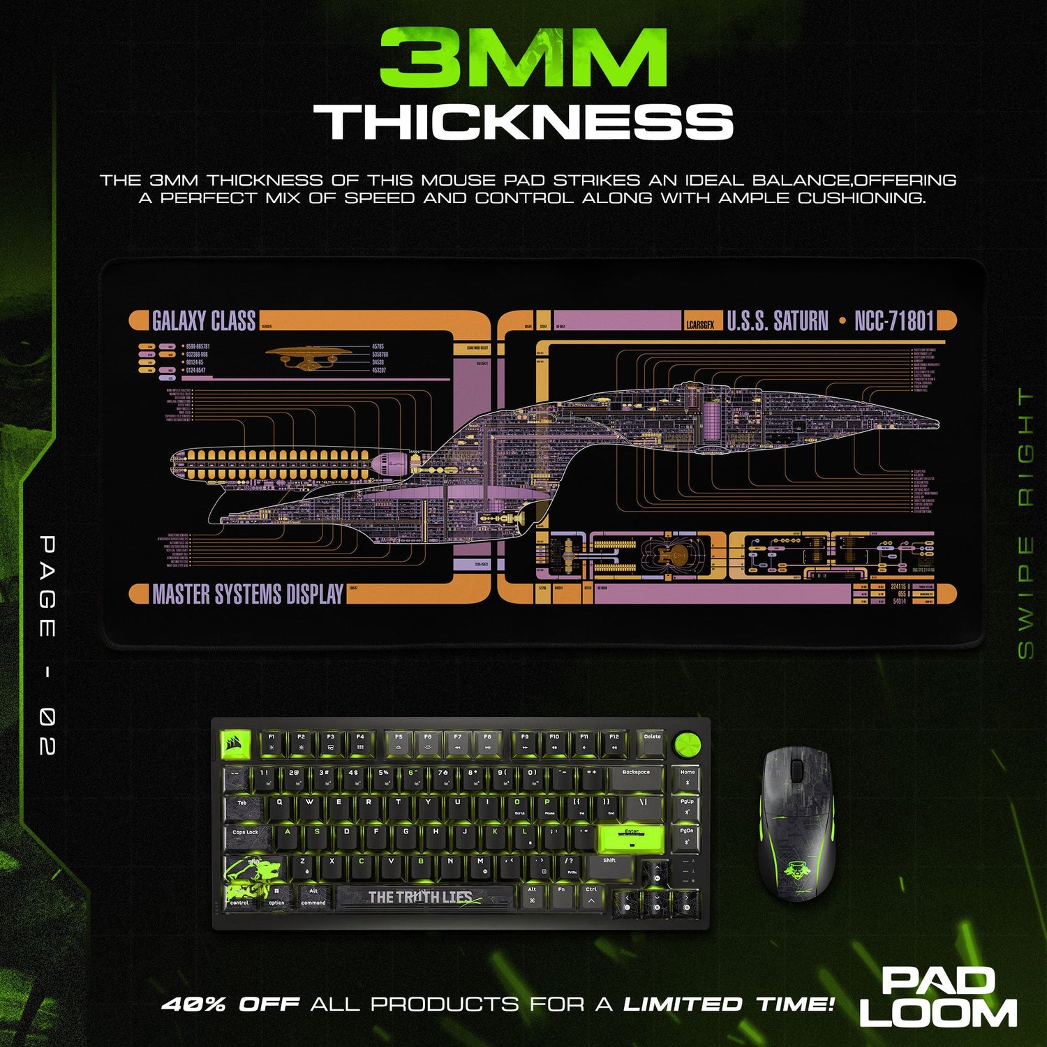 Star Trek Saturn Mouse Pad, Galaxy Class LCARS Gaming Desk Mat Padloom