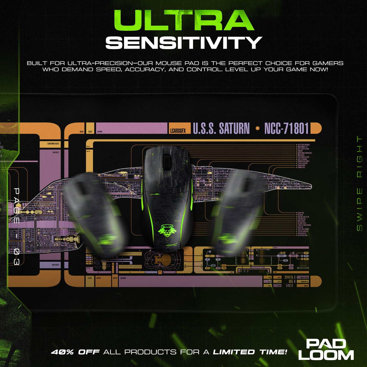 Star Trek Saturn Mouse Pad, Galaxy Class LCARS Gaming Desk Mat Padloom