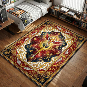 Golden Star Wand artifact floating against a cosmic nebula background with Clow Book style red borders area rug and floor mat
